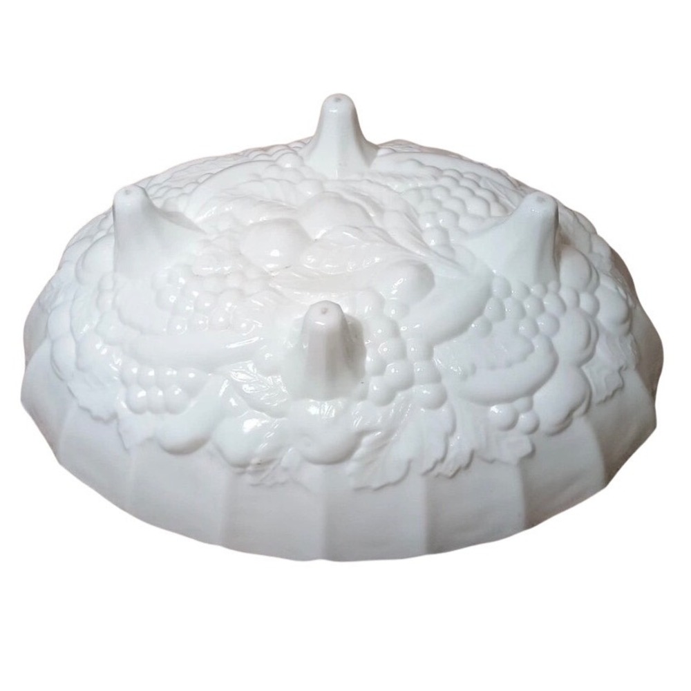 Vintage Milk Glass Footed Bowl Embossed Fruit Harvest Scalloped Rim 8" x 12"